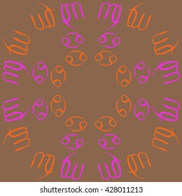 Circular pattern  of zodiac signs, doodles, object,cancer,virgo,copy space. Hand drawn.