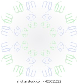 Circular pattern  of zodiac signs, doodles, object,cancer,virgo,copy space. Hand drawn.