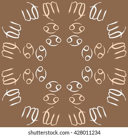 Circular pattern  of zodiac signs, doodles, object,cancer,virgo,copy space. Hand drawn.