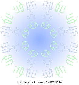 Circular pattern  of zodiac signs, doodles, object,cancer,virgo,copy space. Hand drawn.