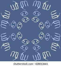 Circular pattern  of zodiac signs, doodles, object,cancer,virgo,copy space. Hand drawn.
