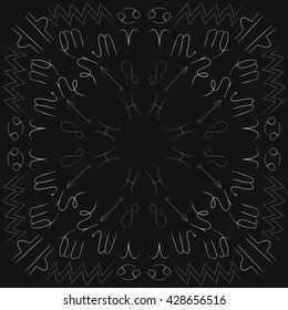 Circular pattern of zodiac signs, doodles, object,cancer,virgo,aries,cancer,lion,scorpio,sagittarius,capricorn,aquarius,pisces. Hand drawn.