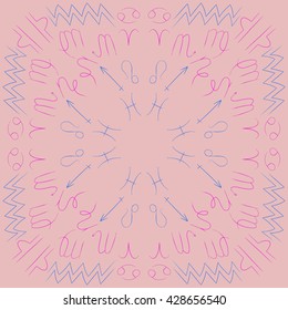 Circular pattern of zodiac signs, doodles, object,cancer,virgo,aries,cancer,lion,scorpio,sagittarius,capricorn,aquarius,pisces. Hand drawn.