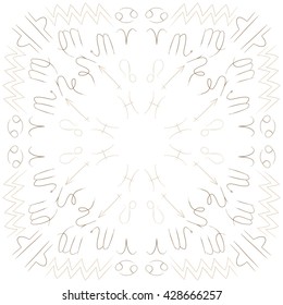 Circular pattern of zodiac signs, doodles, object,cancer,virgo,aries,cancer,lion,scorpio,sagittarius,capricorn,aquarius,pisces. Hand drawn.