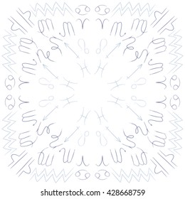 Circular pattern of zodiac signs, doodles, object,cancer,virgo,aries,cancer,lion,scorpio,sagittarius,capricorn,aquarius,pisces. Hand drawn.