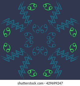 Circular  pattern of zodiac signs, doodles,  object,cancer, aquarius. Hand drawn.