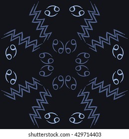 Circular  pattern of zodiac signs, doodles,  object,cancer, aquarius. Hand drawn.