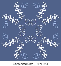 Circular  pattern of zodiac signs, doodles,  object,cancer, aquarius. Hand drawn.