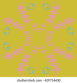 Circular  pattern of zodiac signs, doodles,  object,cancer, aquarius. Hand drawn.