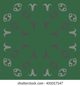 Circular  pattern of zodiac signs, doodles,  object,aries,cancer, copy space. Hand drawn.