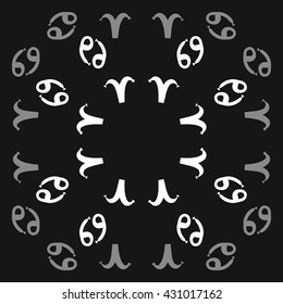 Circular  pattern of zodiac signs, doodles,  object,aries,cancer, copy space. Hand drawn.