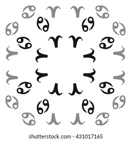 Circular  pattern of zodiac signs, doodles,  object,aries,cancer, copy space. Hand drawn.