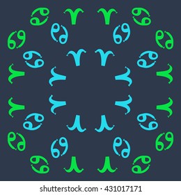 Circular  pattern of zodiac signs, doodles,  object,aries,cancer, copy space. Hand drawn.