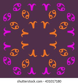 Circular  pattern of zodiac signs, doodles,  object,aries,cancer, copy space. Hand drawn.
