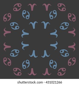 Circular  pattern of zodiac signs, doodles,  object,aries,cancer, copy space. Hand drawn.
