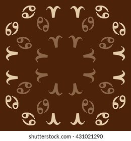 Circular  pattern of zodiac signs, doodles,  object,aries,cancer, copy space. Hand drawn.