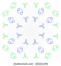Circular  pattern of zodiac signs, doodles,  object,aries,cancer, copy space. Hand drawn.