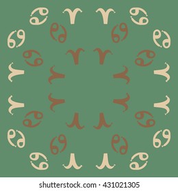 Circular  pattern of zodiac signs, doodles,  object,aries,cancer, copy space. Hand drawn.