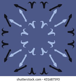 Circular pattern of zodiac signs, doodles,  object,aries,sagittarius. Hand drawn.