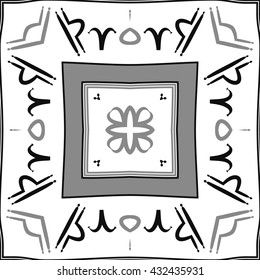 Circular  pattern of zodiac signs, doodles,  object,aries,libra, stripes, spot,quadrangles. Hand drawn.