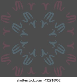 Circular  pattern of zodiac signs, doodles,  object,aries,scorpio, copy space. Hand drawn.