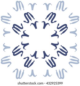 Circular  pattern of zodiac signs, doodles,  object,aries,scorpio, copy space. Hand drawn.