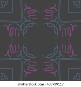 Circular  pattern of zodiac signs, doodles,  object,aries,virgo, stripes, cross, copy space. Hand drawn.