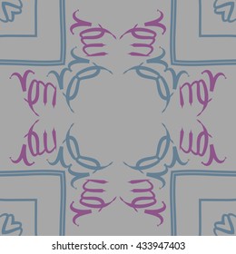 Circular  pattern of zodiac signs, doodles,  object,aries,virgo, stripes, cross, copy space. Hand drawn.