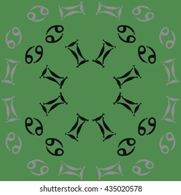 Circular pattern of zodiac signs, doodles,  object,gemini,cancer. Hand drawn.