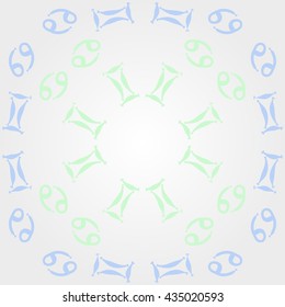 Circular pattern of zodiac signs, doodles,  object,gemini,cancer. Hand drawn.