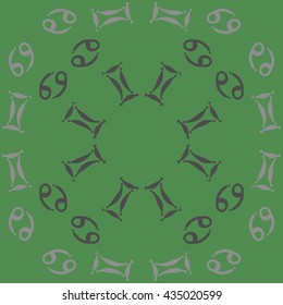 Circular pattern of zodiac signs, doodles,  object,gemini,cancer. Hand drawn.