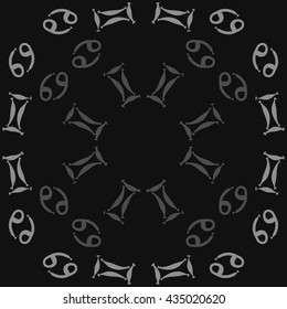 Circular pattern of zodiac signs, doodles,  object,gemini,cancer. Hand drawn.