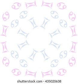 Circular pattern of zodiac signs, doodles,  object,gemini,cancer. Hand drawn.