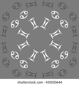 Circular pattern of zodiac signs, doodles,  object,gemini,cancer. Hand drawn.