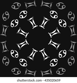 Circular pattern of zodiac signs, doodles,  object,gemini,cancer. Hand drawn.