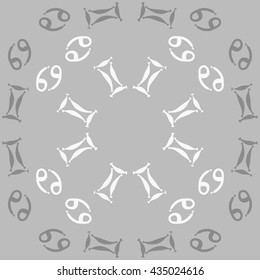 Circular pattern of zodiac signs, doodles,  object,gemini,cancer. Hand drawn.