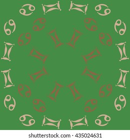 Circular pattern of zodiac signs, doodles,  object,gemini,cancer. Hand drawn.