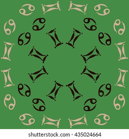 Circular pattern of zodiac signs, doodles,  object,gemini,cancer. Hand drawn.