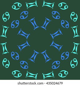 Circular pattern of zodiac signs, doodles,  object,gemini,cancer. Hand drawn.