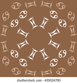 Circular pattern of zodiac signs, doodles,  object,gemini,cancer. Hand drawn.