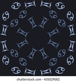 Circular pattern of zodiac signs, doodles,  object,gemini,cancer. Hand drawn.