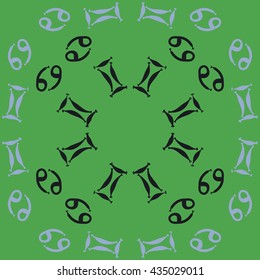 Circular pattern of zodiac signs, doodles,  object,gemini,cancer. Hand drawn.