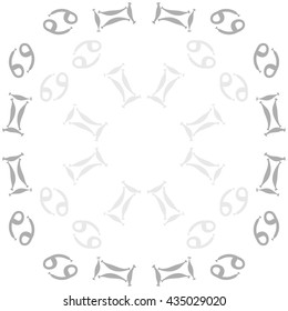 Circular pattern of zodiac signs, doodles,  object,gemini,cancer. Hand drawn.