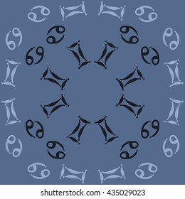 Circular pattern of zodiac signs, doodles,  object,gemini,cancer. Hand drawn.
