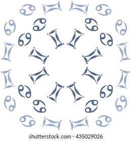 Circular pattern of zodiac signs, doodles,  object,gemini,cancer. Hand drawn.