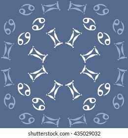 Circular pattern of zodiac signs, doodles,  object,gemini,cancer. Hand drawn.