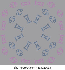 Circular pattern of zodiac signs, doodles,  object,gemini,cancer. Hand drawn.