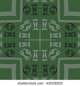 Circular   pattern of zodiac signs, doodles,  object,gemini, cancer,cross,star, stripes. Hand drawn.