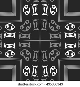 Circular   pattern of zodiac signs, doodles,  object,gemini, cancer,cross,star, stripes. Hand drawn.