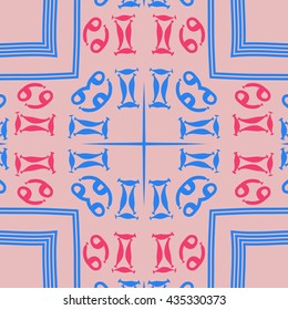 Circular   pattern of zodiac signs, doodles,  object,gemini, cancer,cross,star, stripes. Hand drawn.